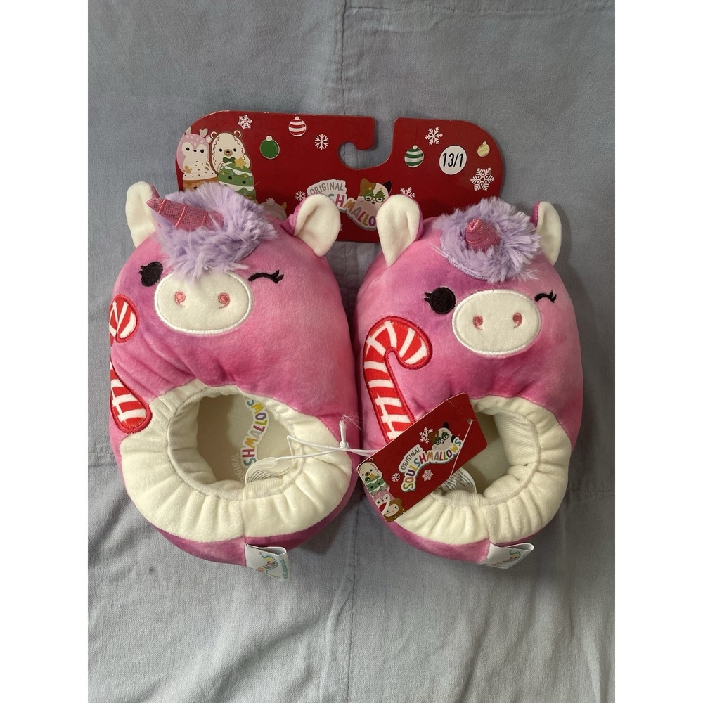 NEW‎ Squishmallow Christmas Lola the Unicorn w/ Candy Cane Kids Slippers Sz 13/1